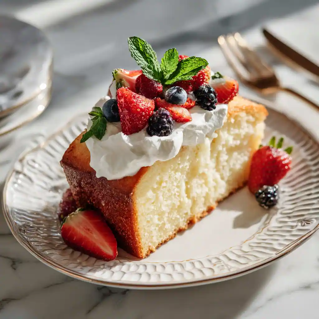 Mascarpone pound cake slice with whipped cream