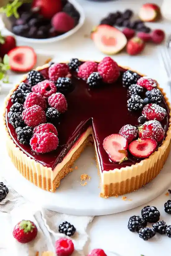 Mixed berry tart topped with fresh raspberries, blackberries, and cherries on a white surface