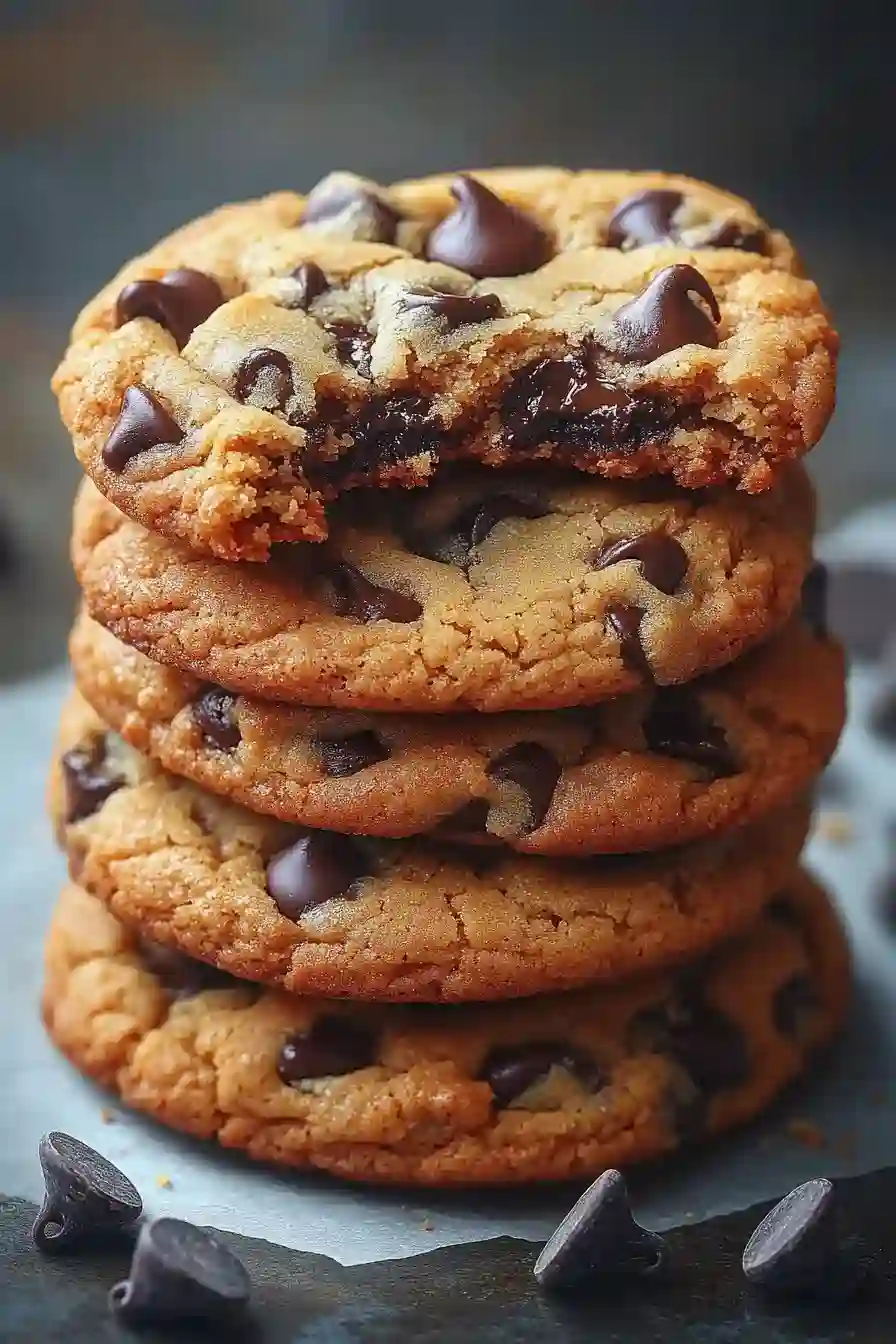 Stack of soft chocolate chip cookies with one bitten cookie on top showing gooey center