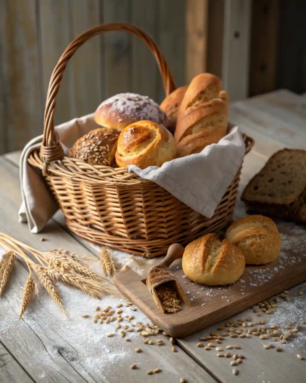 Panier en osier rempli d’un assortiment de pains artisanaux sur une table en bois